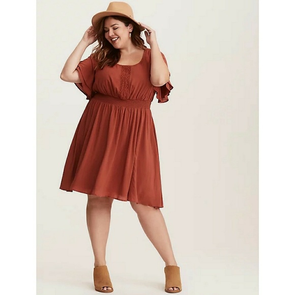 torrid Dresses & Skirts - Torrid Rust Challis 🆕 Lace Inset Boho Style Dress